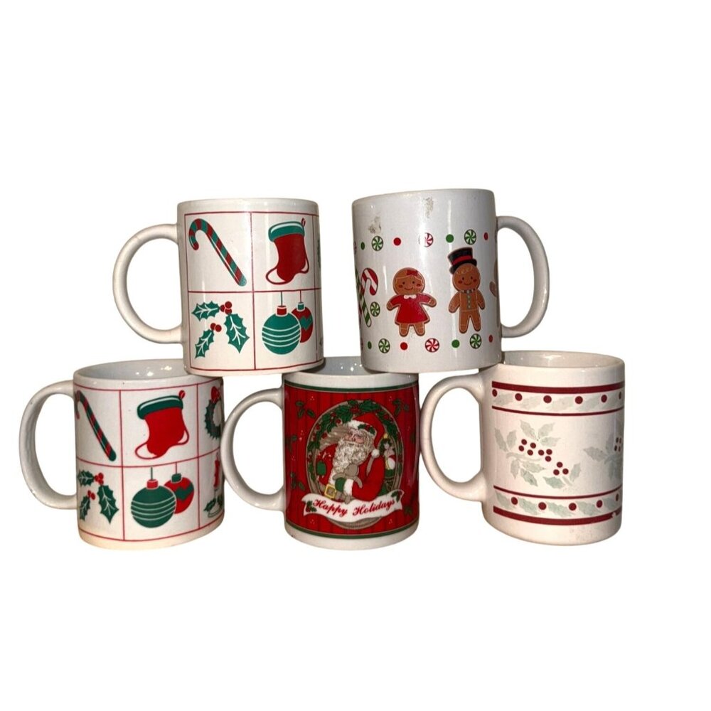 Holiday Themed Ceramic Coffee Mug Set of 5